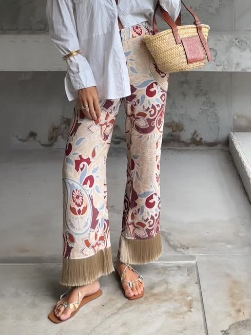 Bohemian Printed Fringe Hem Wide-Leg Pants