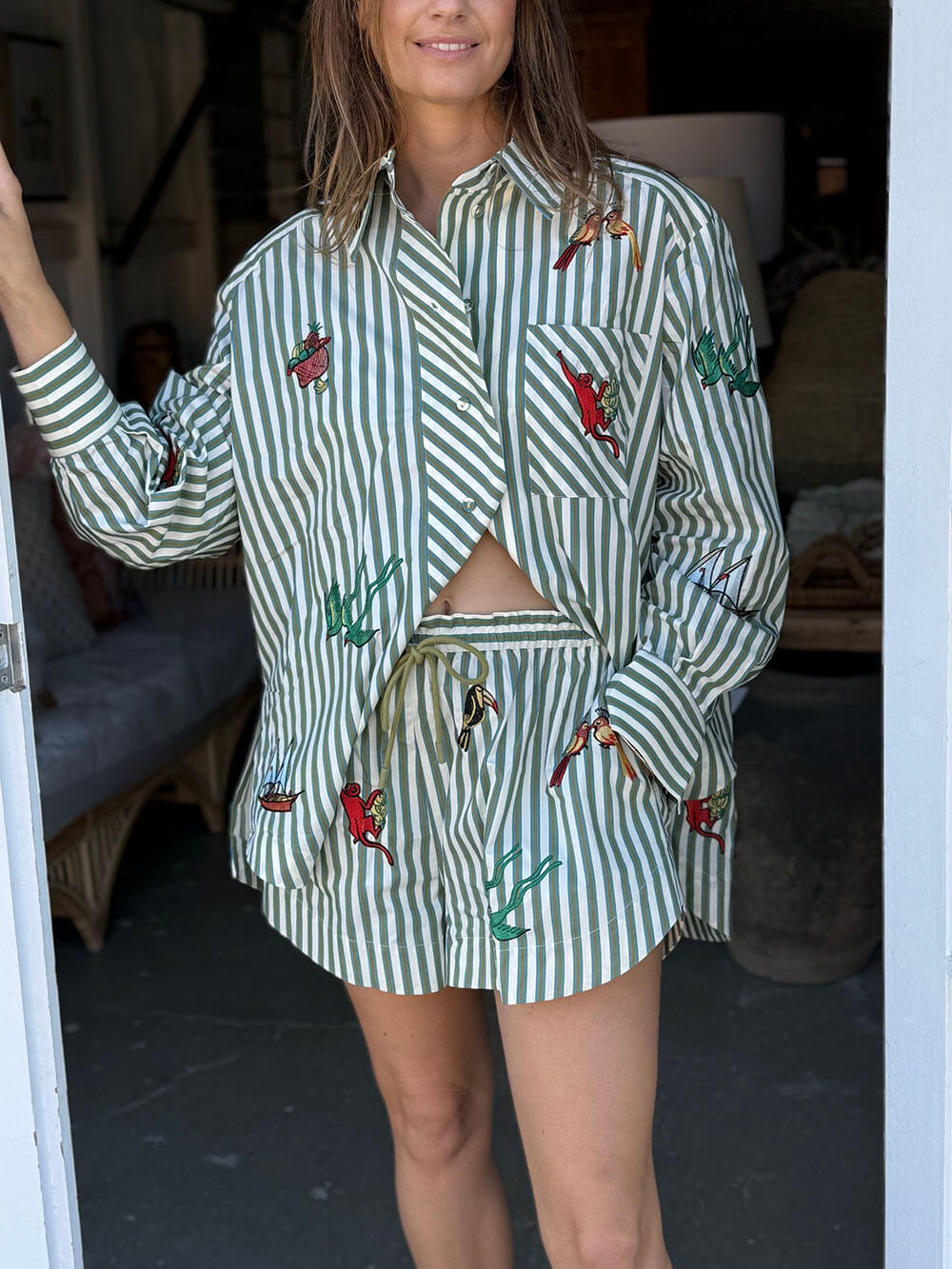 Unique Striped Print Button-Up Long-Sleeve Shirt and Elastic Waist Drawstring Shorts Set