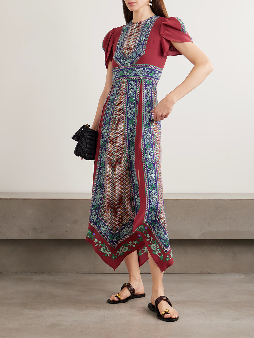 Exquisite Retro Print Asymmetrical Hem Midi Dress