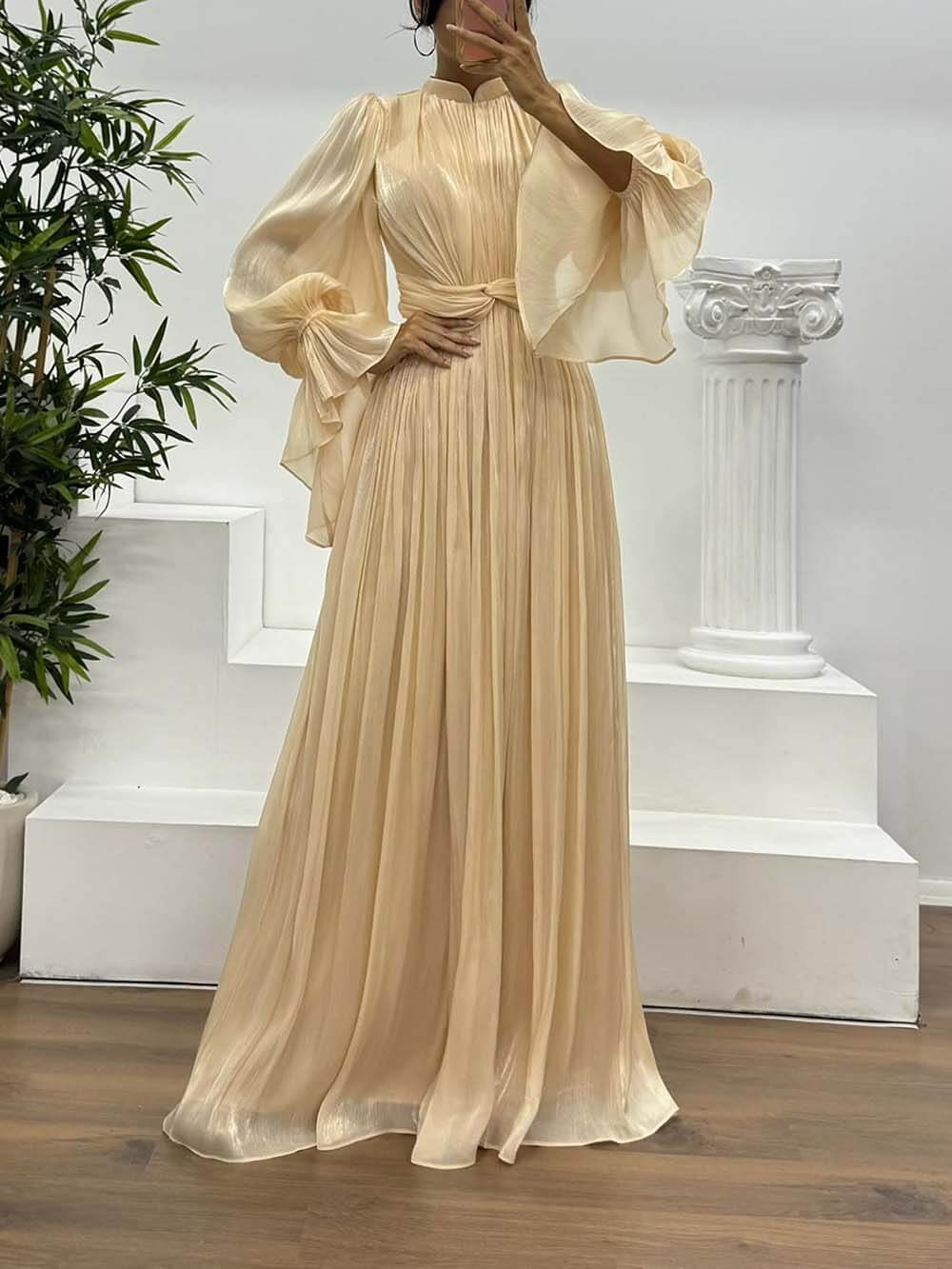Fashionable Pleated Waist Long-Sleeved Chiffon Evening Maxi Dress