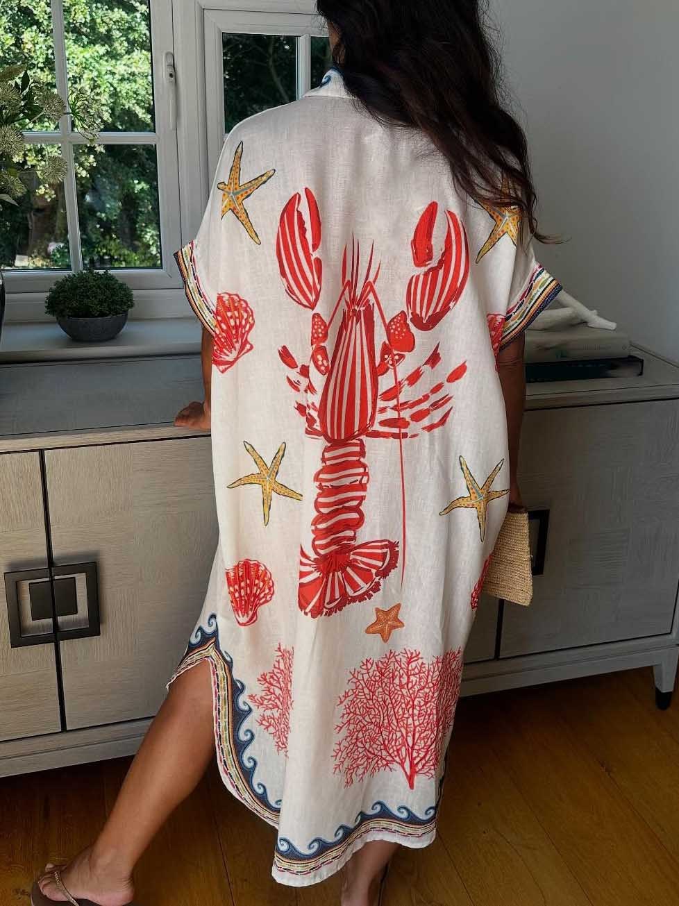Unique Lobster Ocean Print Shirt Midi Dress