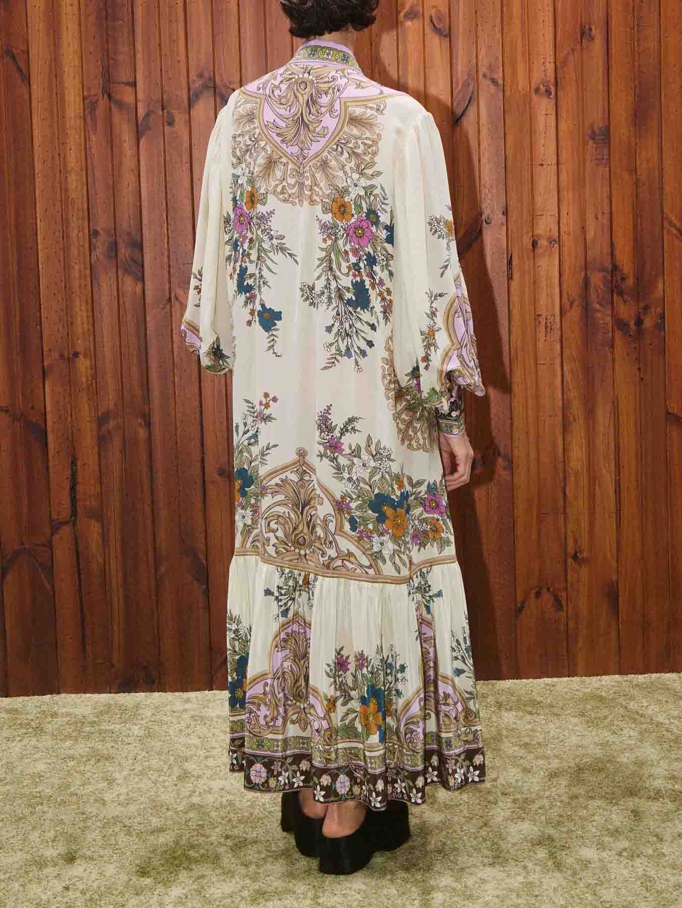 Elegant Vintage Floral Print Chiffon Shirt-style Maxi Dress