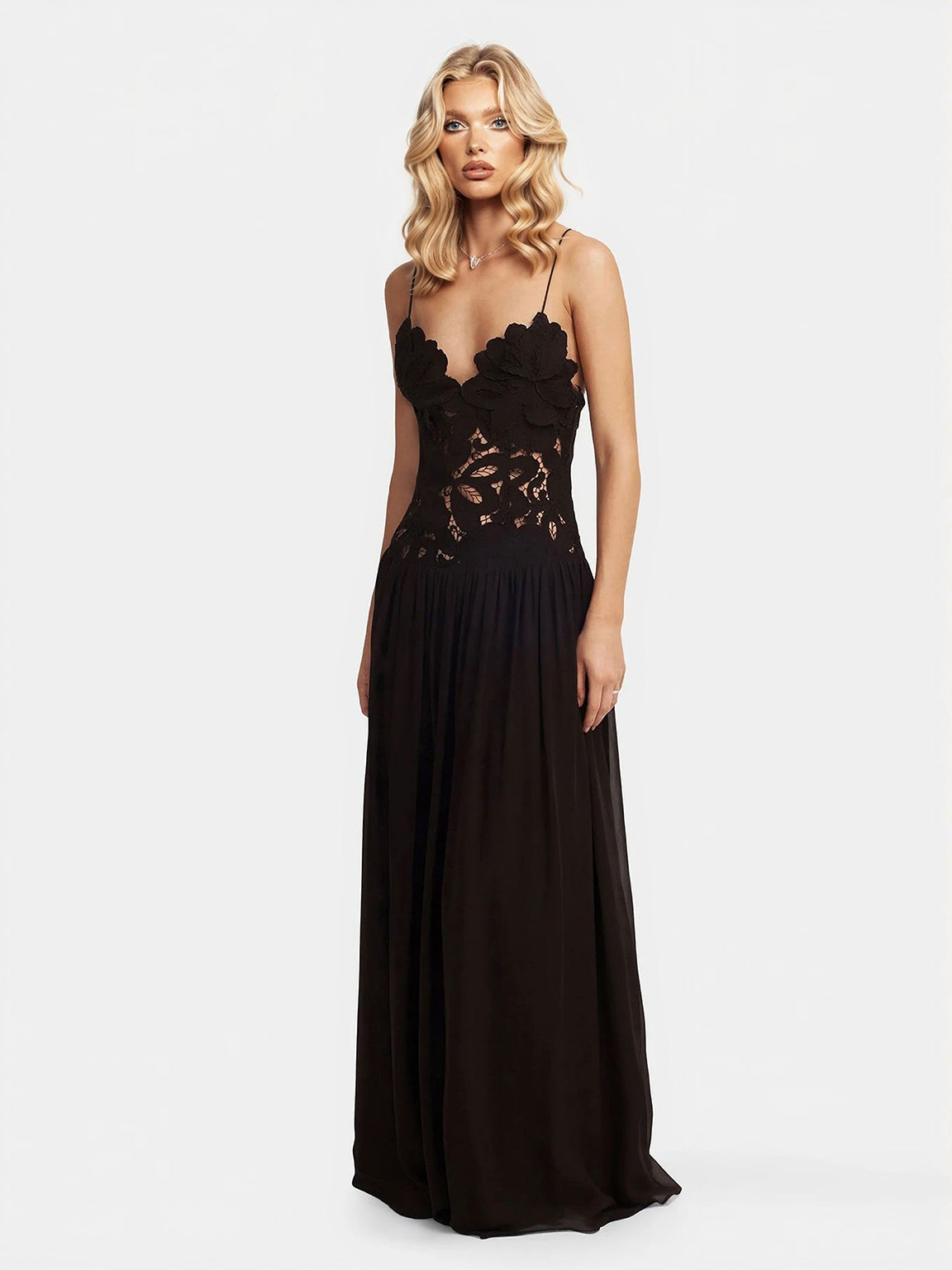 Elegant Lace Spaghetti Strap Floral Appliqué Maxi Dress
