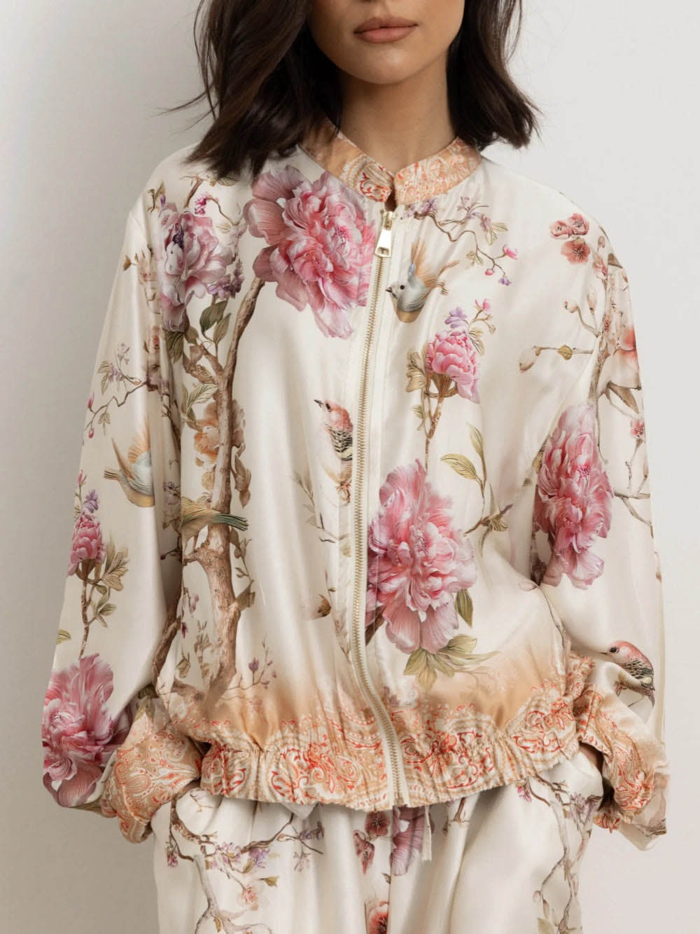 Elegant Floral And Bird Print Zip-up Lantern Sleeve Shirt