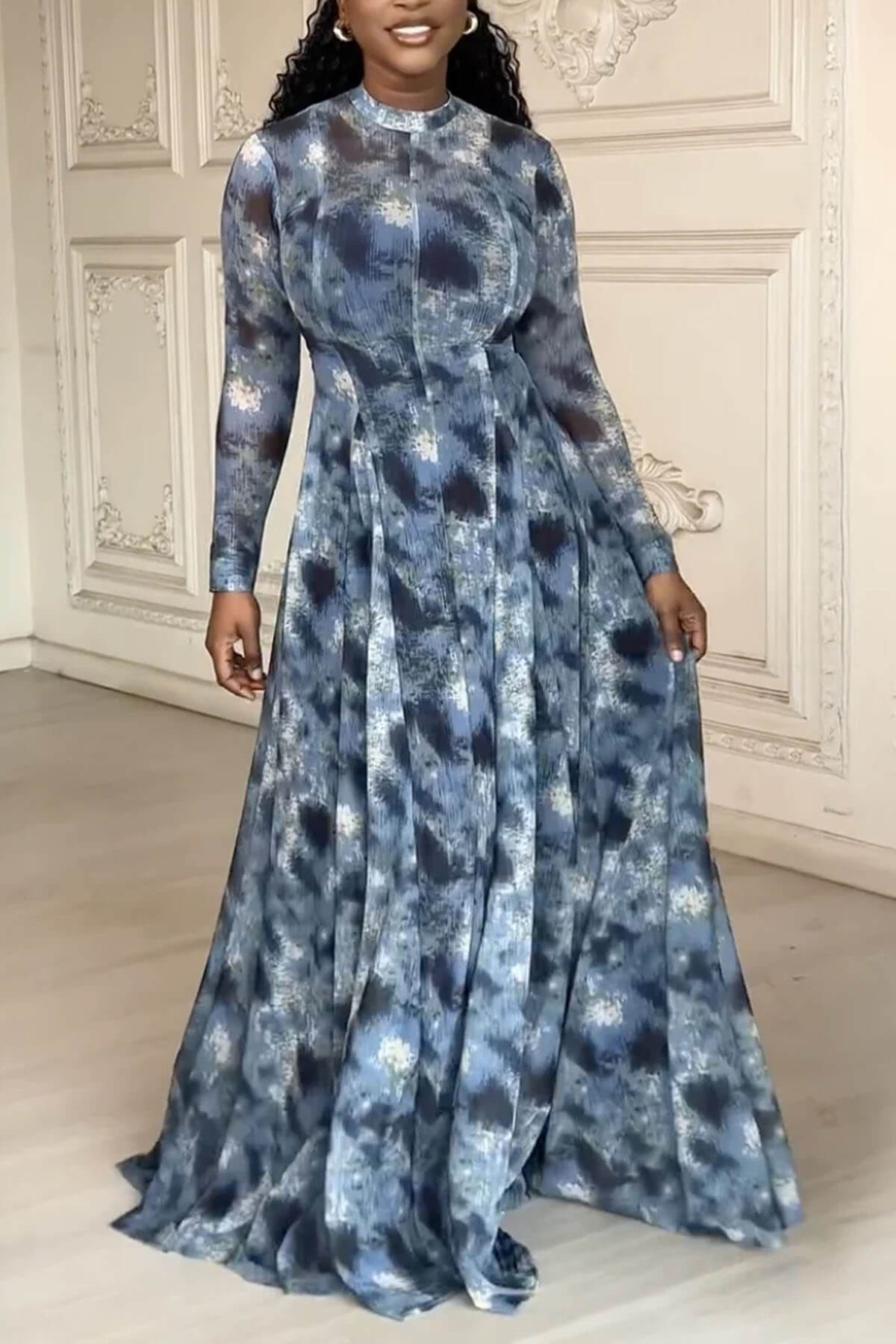 Delicate Abstract Tie-Dye Ruched Maxi Dress