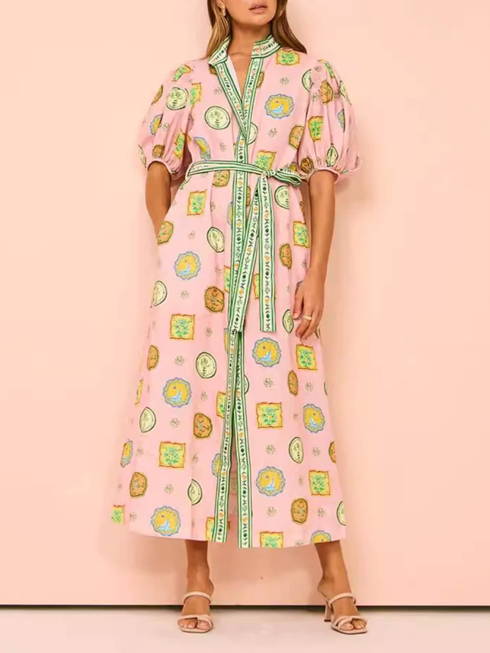 Unique Linen Graffiti Print Lantern Sleeve Maxi Dress