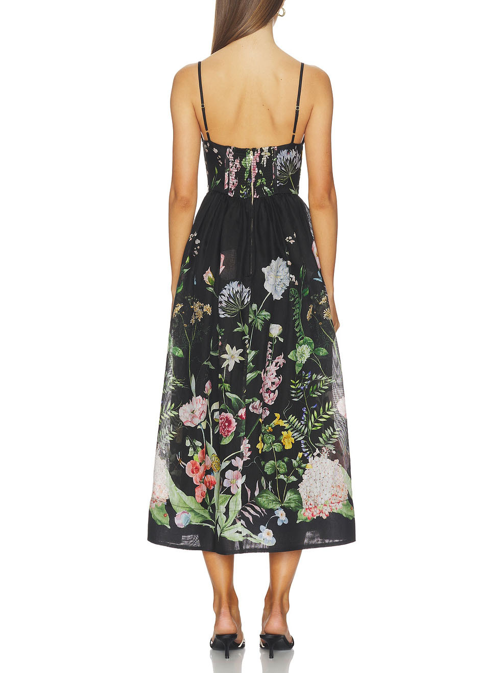 Elegant Botanical Print Deep V-Neck Fitted A-Line Midi Dress