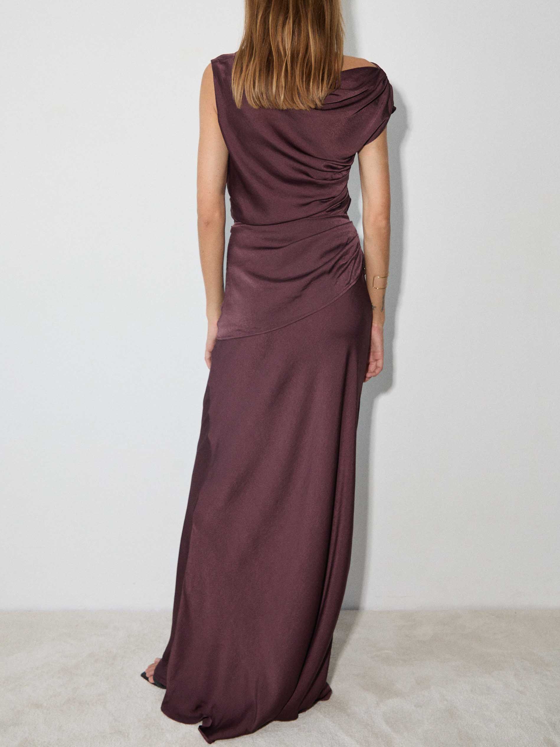 Elegant Asymmetrical Drape Satin Top & Maxi Skirt Two-Piece Set