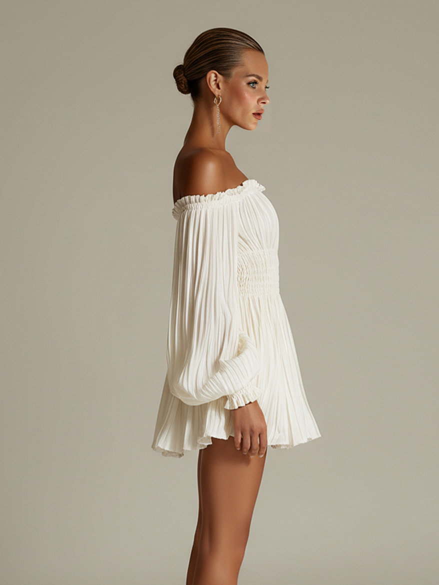 Elegant Off-shoulder Pleated Satin Puff Sleeve Mini Dress