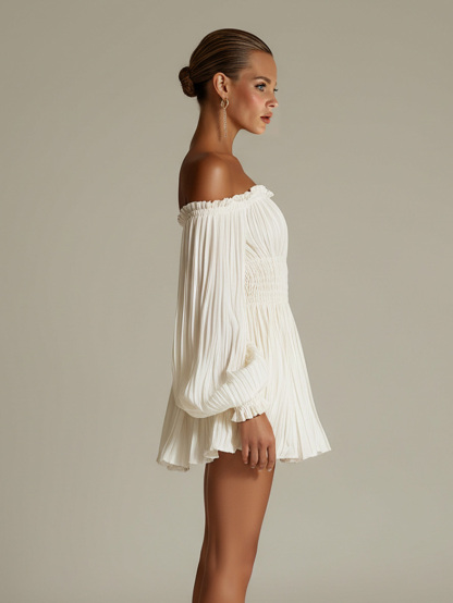 Elegant Off-shoulder Pleated Satin Puff Sleeve Mini Dress