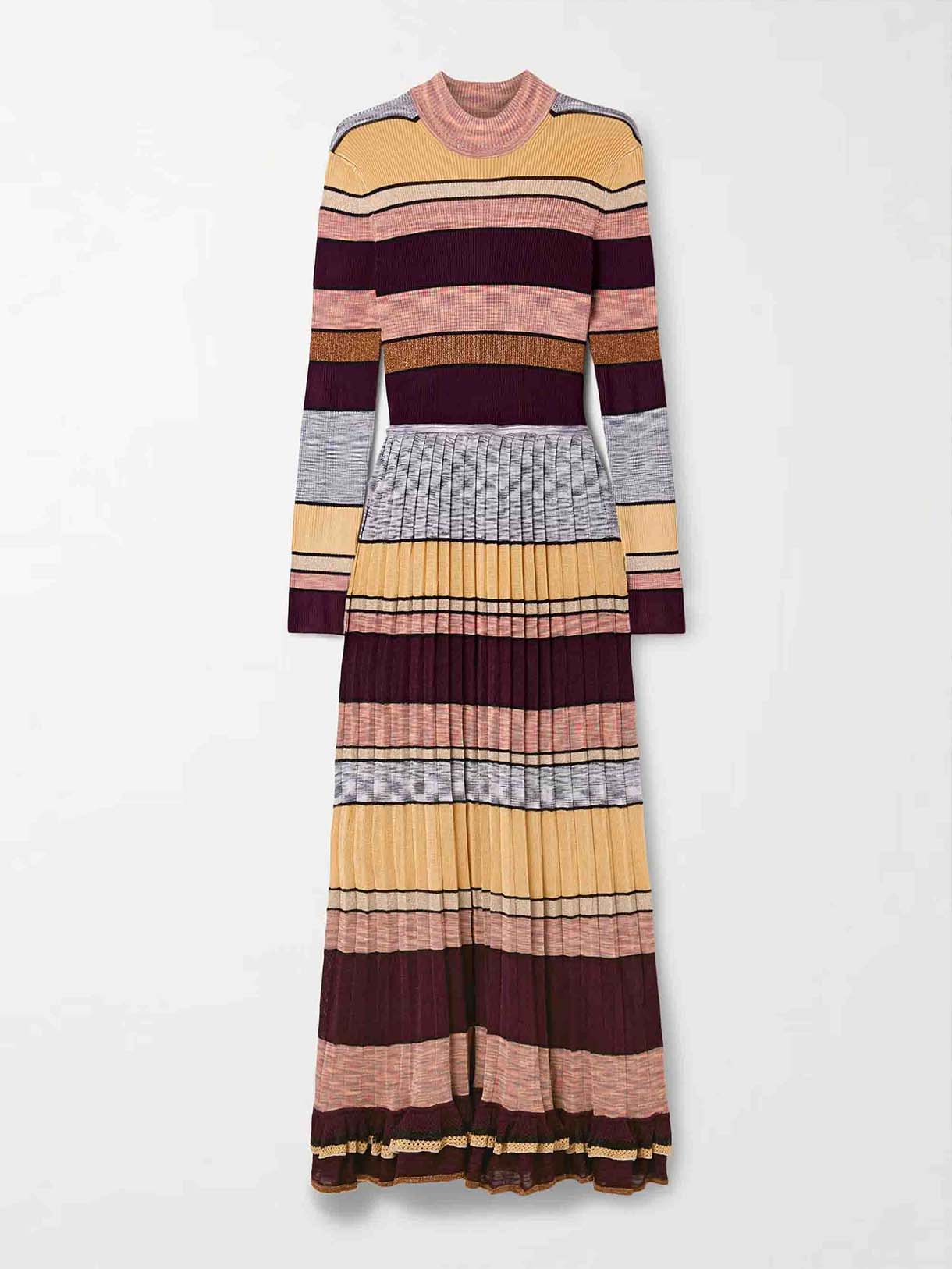 Exquisite Colorful Striped Ruffled Knit High-Neck Maxi Dress