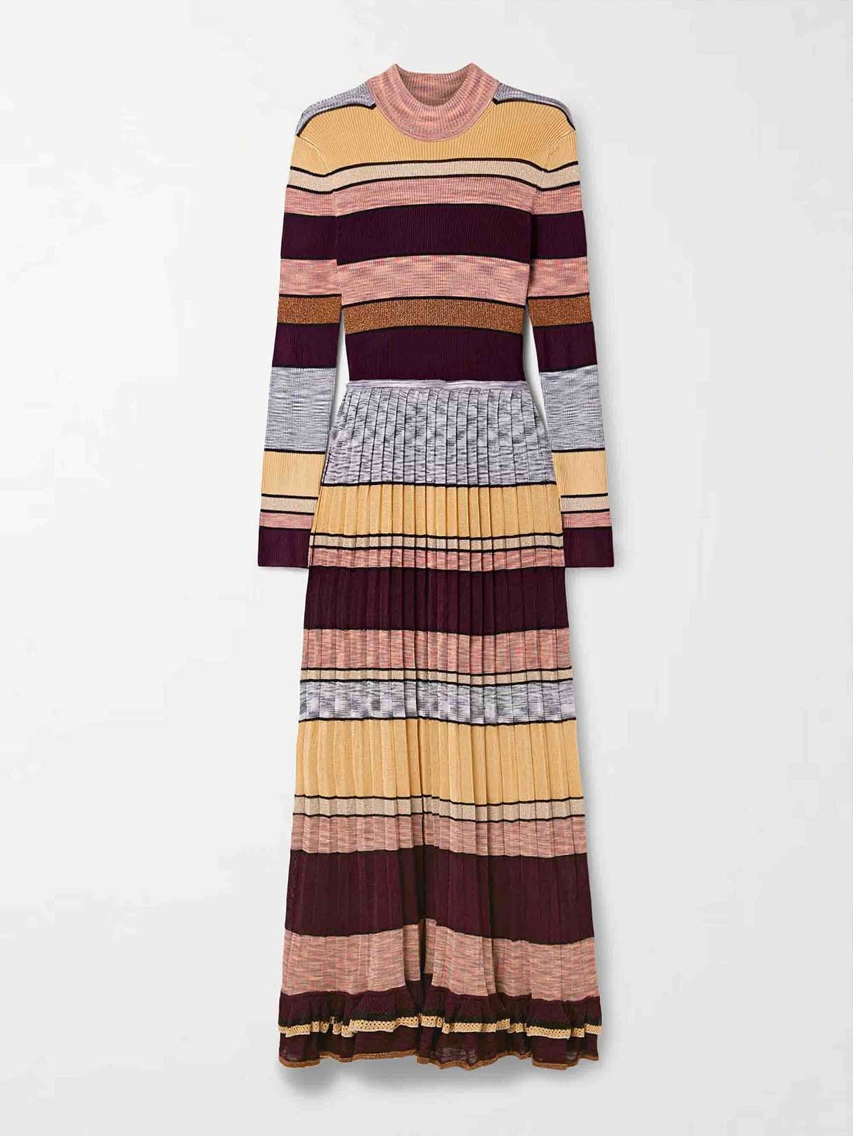Exquisite Colorful Striped Ruffled Knit High-Neck Maxi Dress