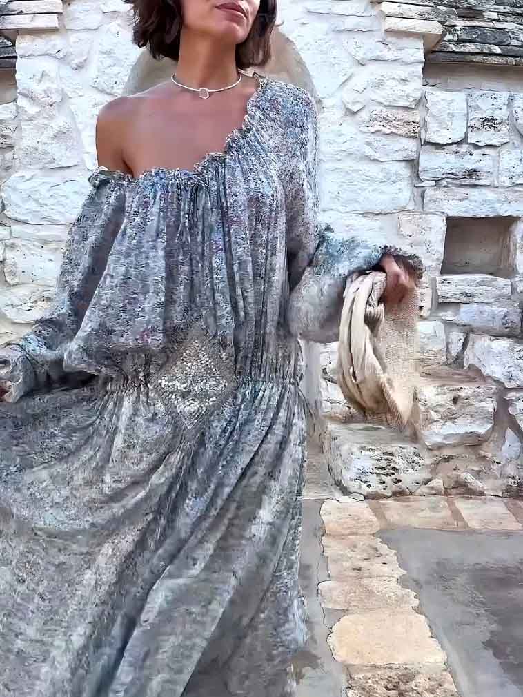 Exquisite Puff Sleeve Floral Print Maxi Dress