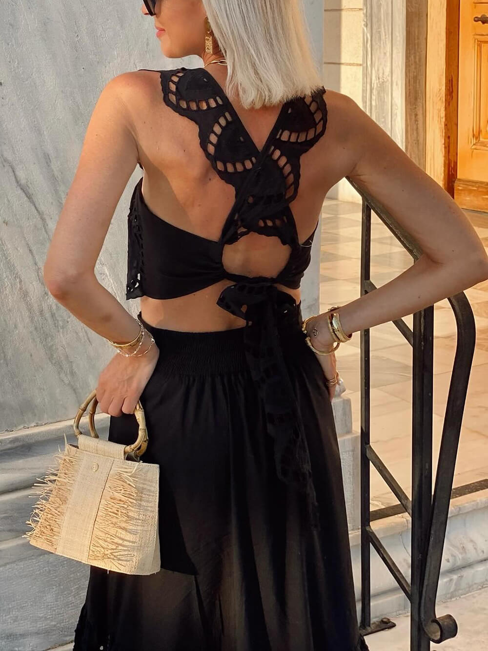 Delicate Mesh Lace Cut-Out Tie-Back Tank Top