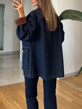 Casual Denim Big Pocket Metal Buckle Loose Coats