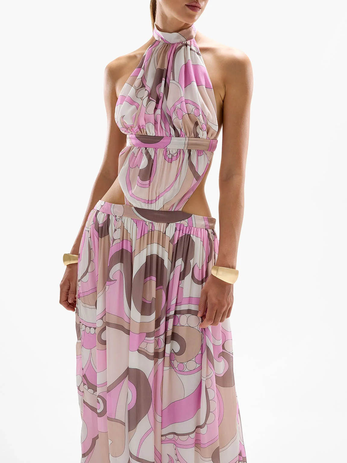 Exquisite Abstract Print Halter Neck Cutout Maxi Dress