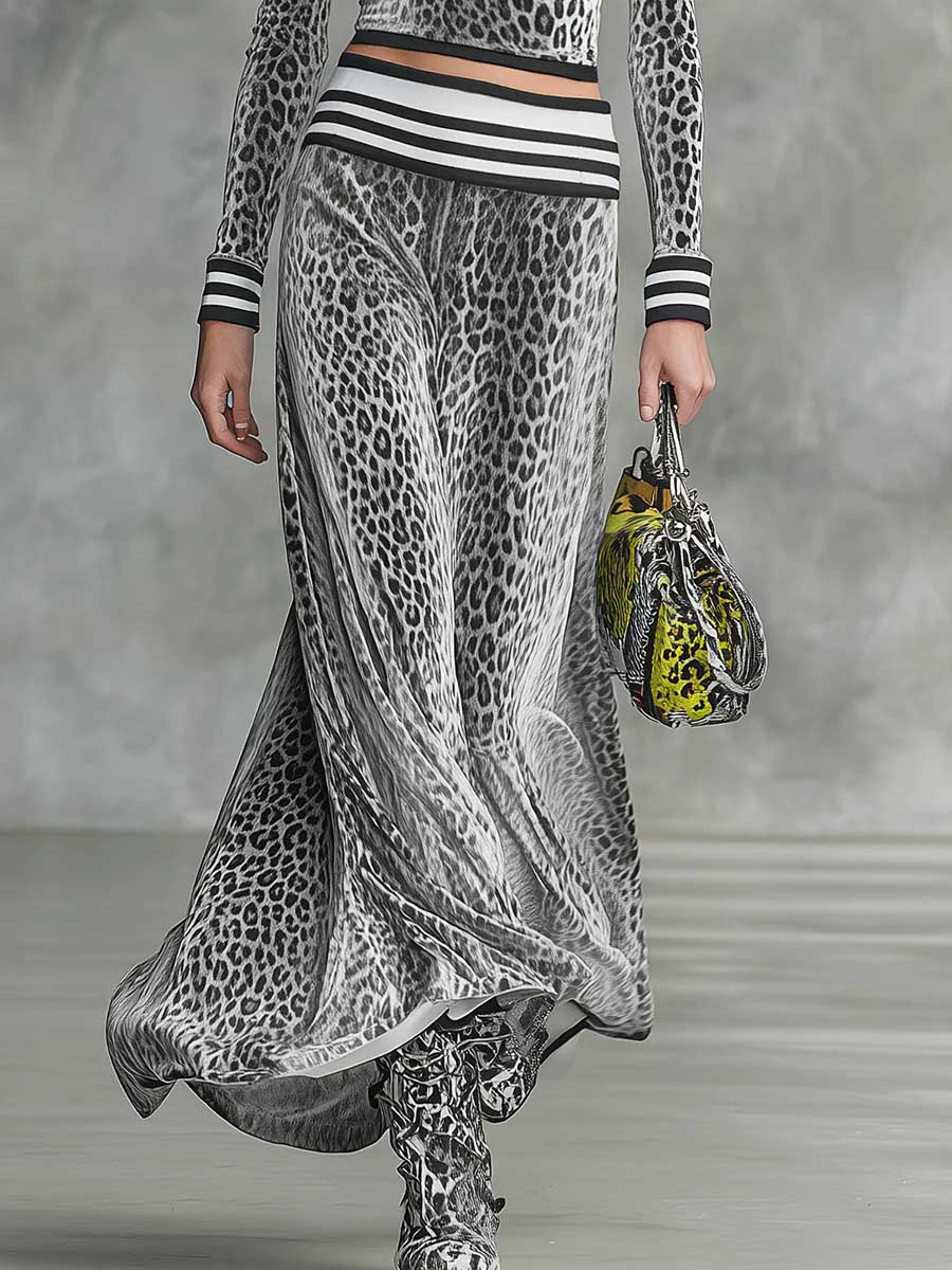 Retro Stand-Up Collar Leopard Print Velvet Top & Maxi Skirt Set