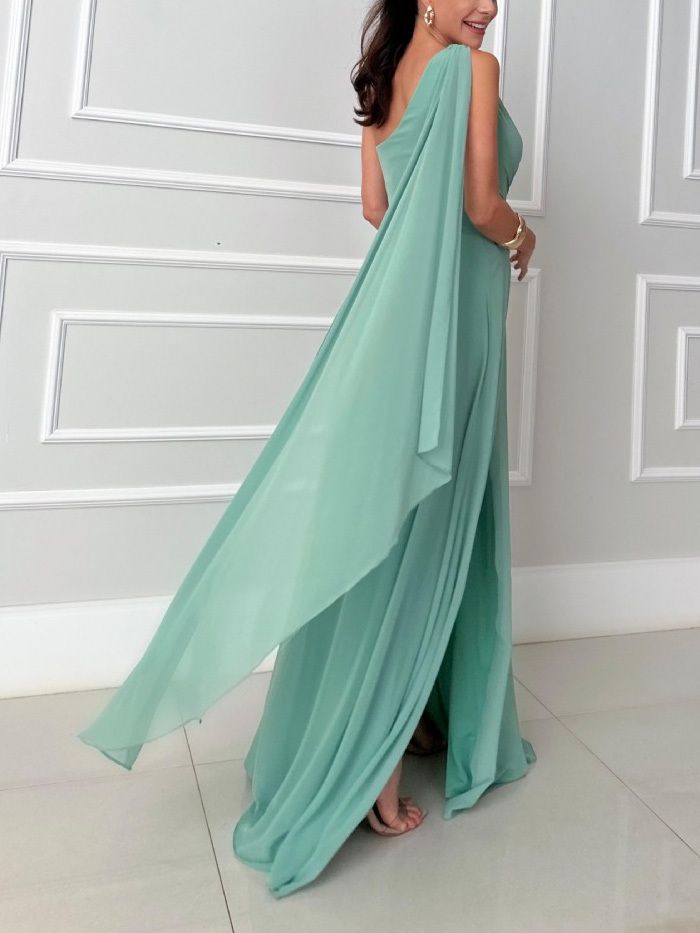 Elegant Asymmetric Neck Chiffon Flowy Maxi Dress