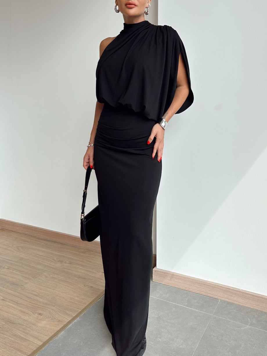 Elegant One-shoulder Black Stand-up Collar Maxi Dress