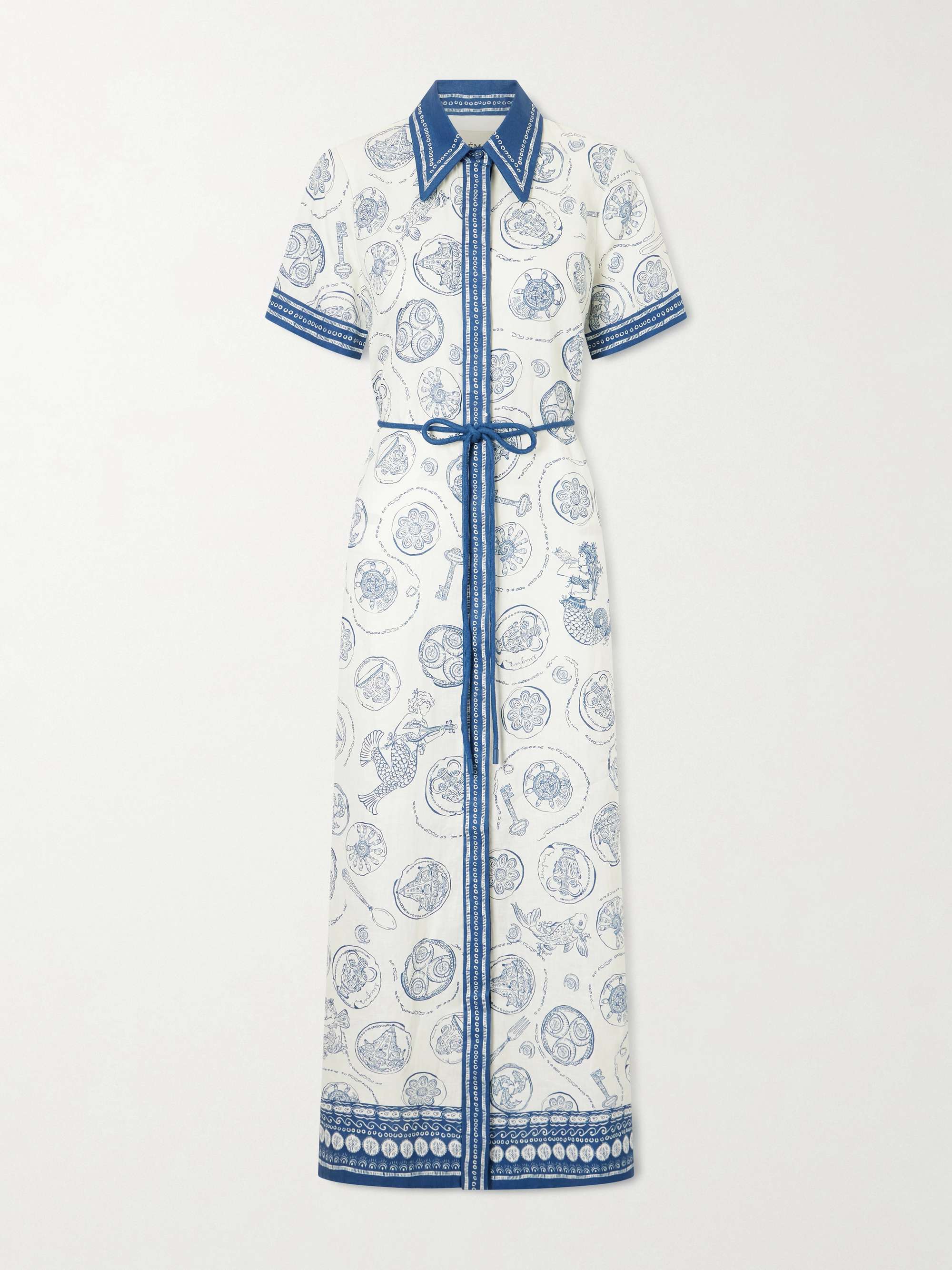 Casual Mediterranean Print Tie-Waist Collared Maxi Dress