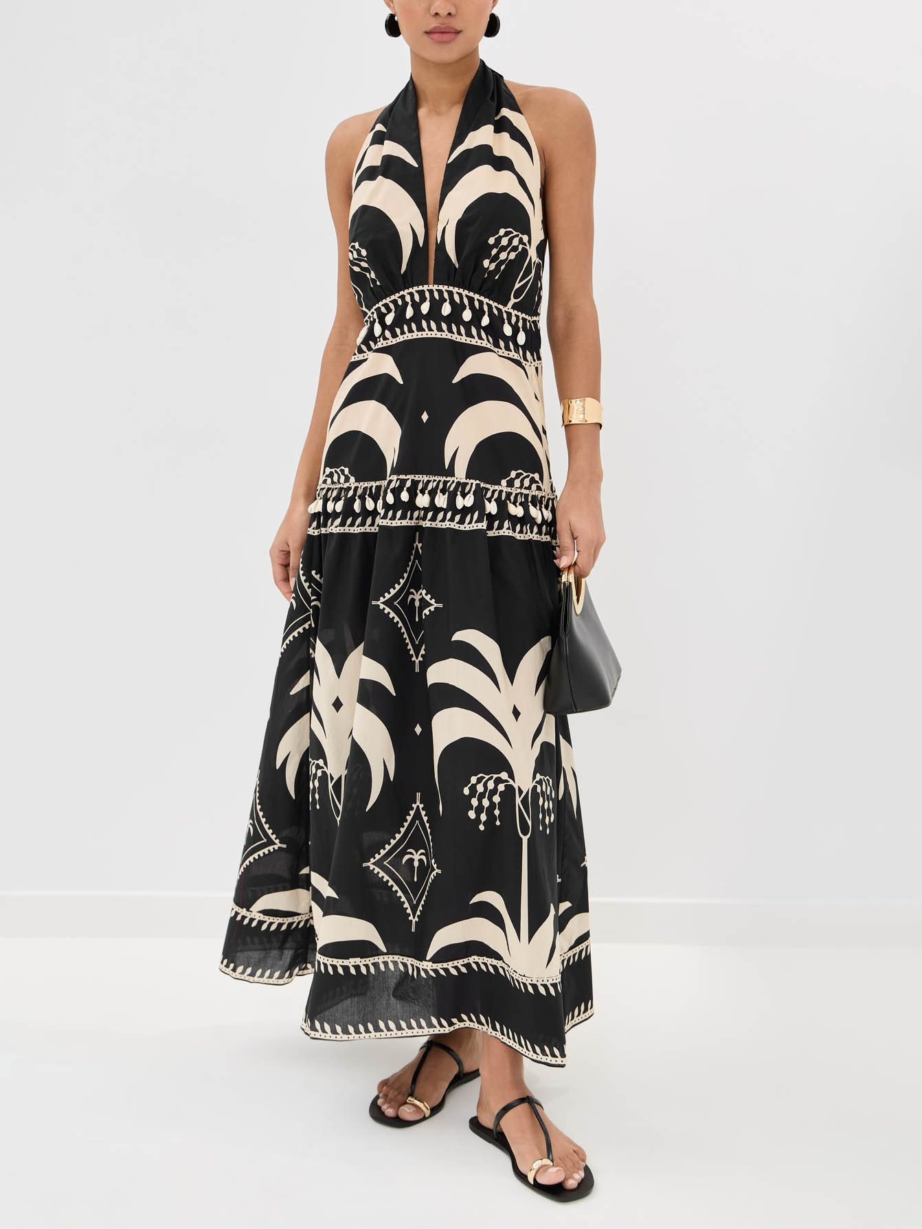 Retro Palm Leaf Print Halter Neck Maxi Dress