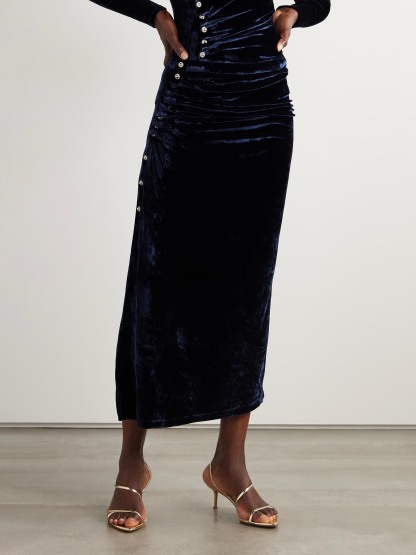 Elegant Pleated Velvet Snap Button Slit Skirt