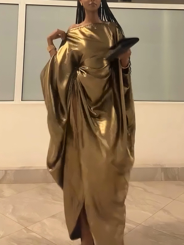 Elegant Metal Drawstring Bat Sleeve Robe Dress