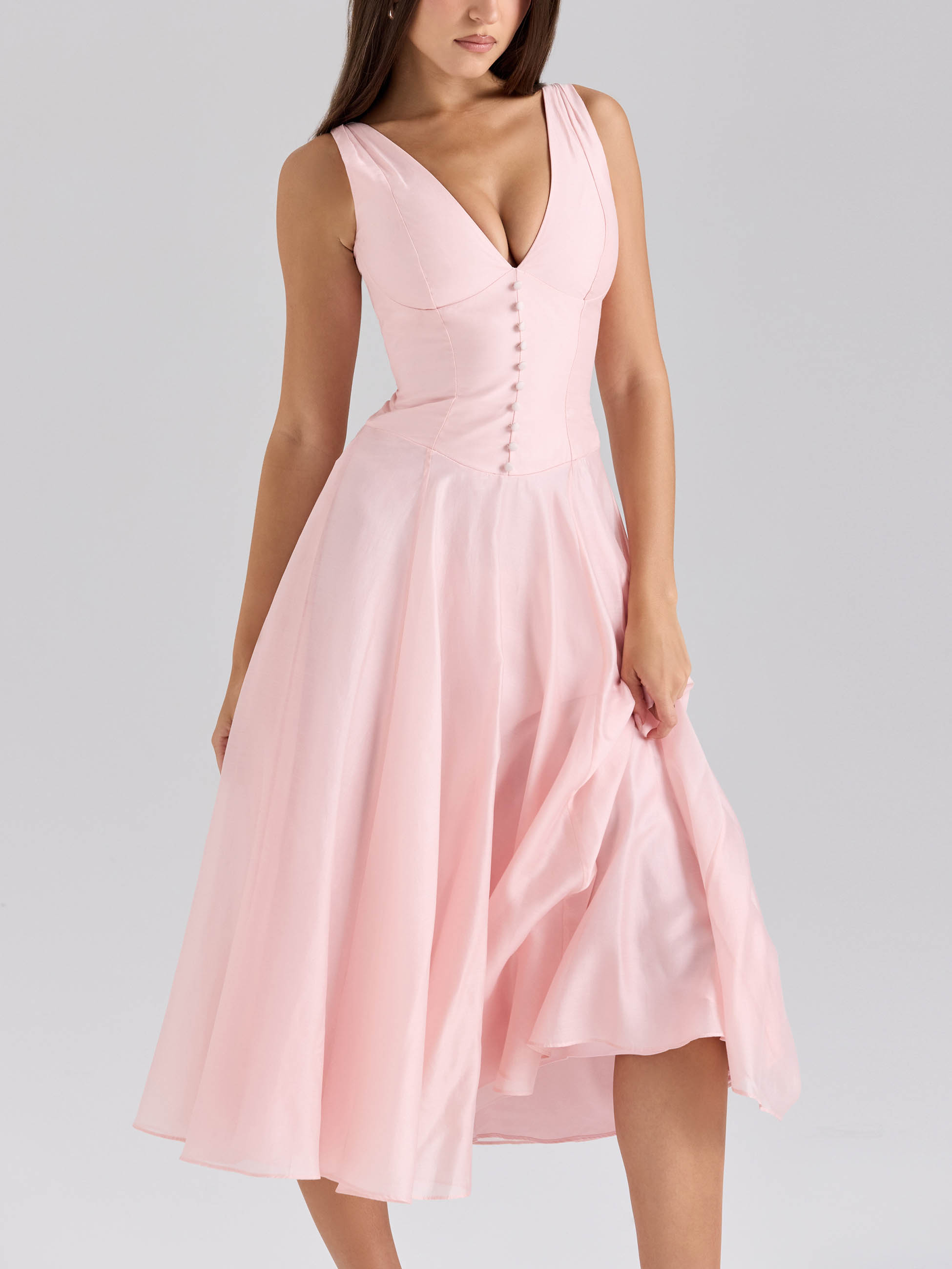 Elegant V-neck Chiffon Button Midi Dress