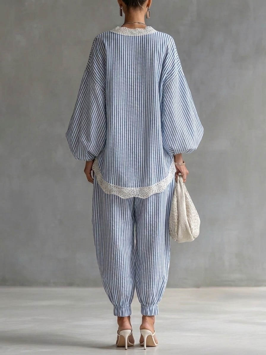 Casual Striped Batwing Sleeve Top & Drawstring Jogger Pants Two-Piece Set