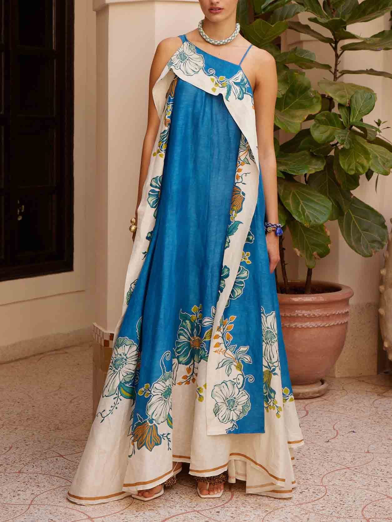 Elegant Tropical Print Asymmetrical Strappy Maxi Dress