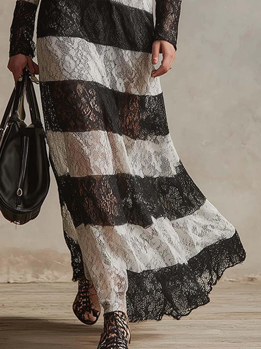 Exquisite Retro Black And White Lace Striped Maxi Dress