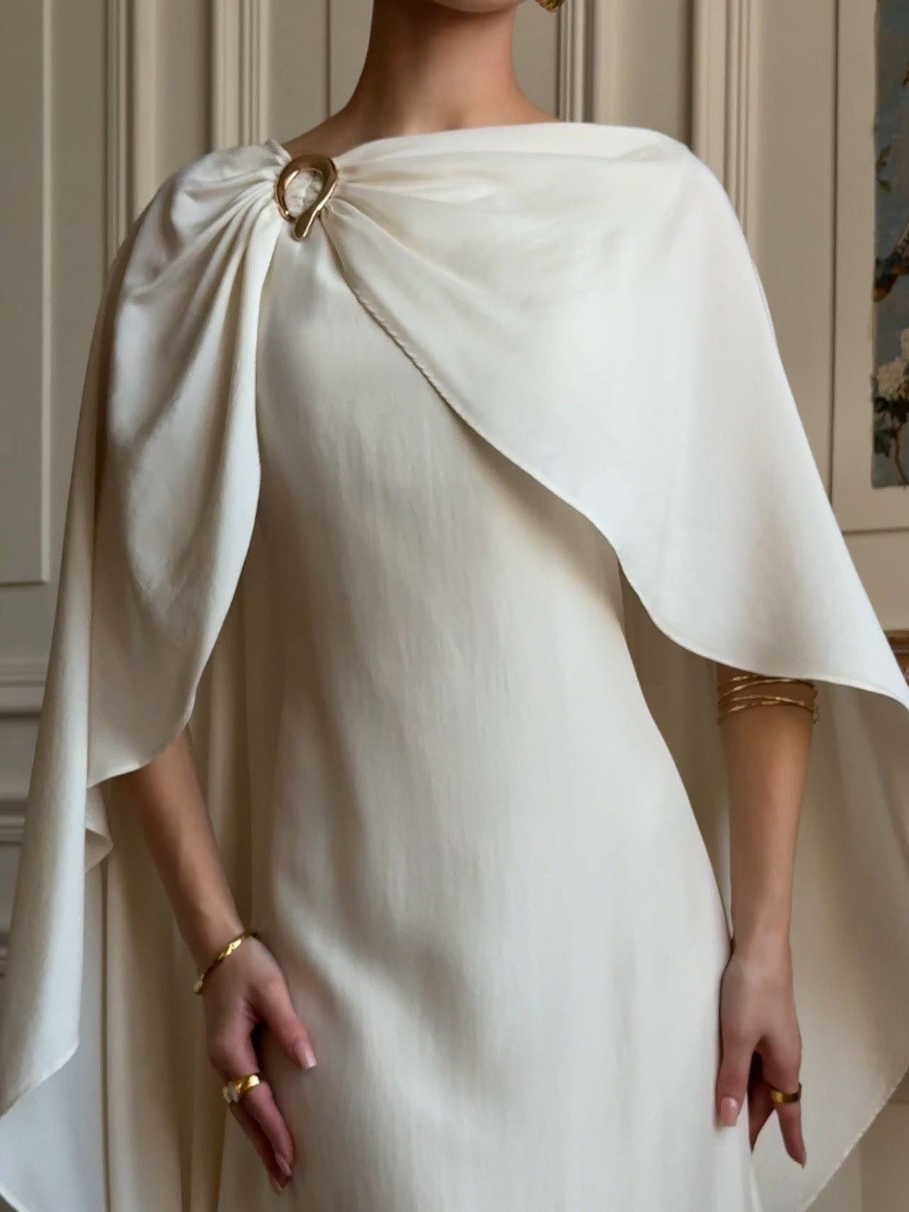 Elegant Pleated Flowing Cape Maxi Dress