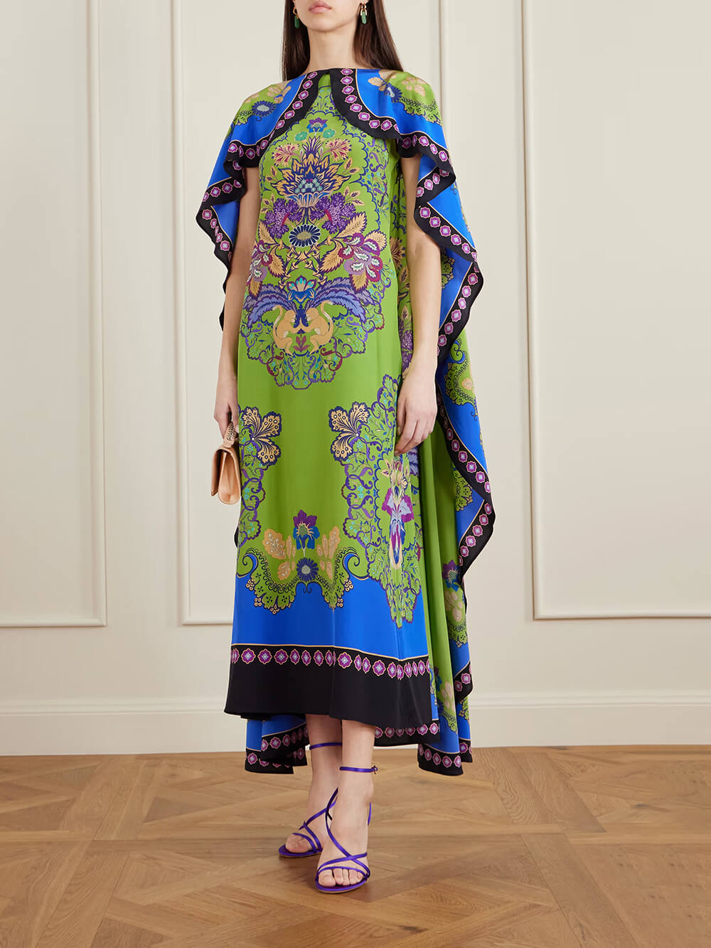 Unique Shawl-Style Floral Print Satin Maxi Dress