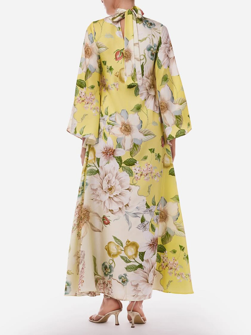 Elegant Floral Print Bell Sleeve Maxi Dress
