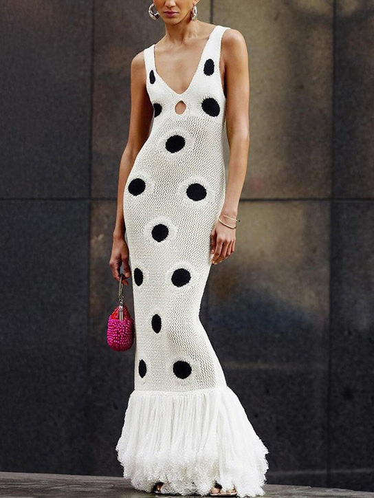 Exquisite Crochet Polka Dot Tassel Maxi Dress