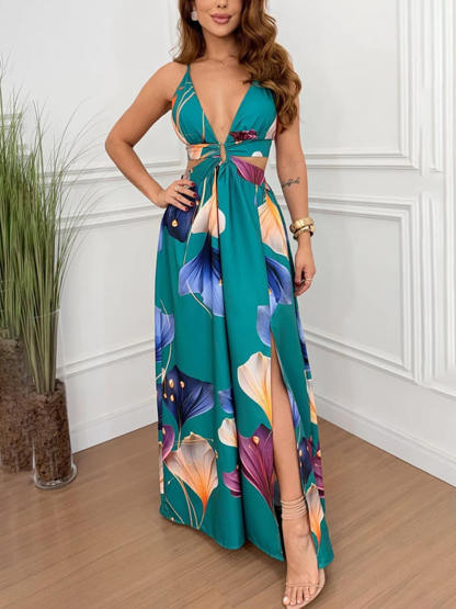 Bohemian Green Backless Printed Slit Party Maxi Dress