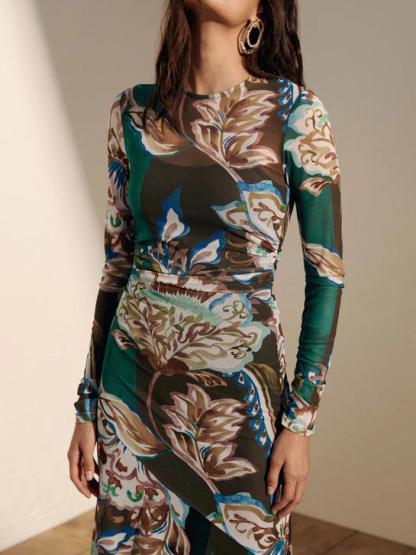 Exquisite Painting Fantasy Floral Print Mesh Maxi Dress