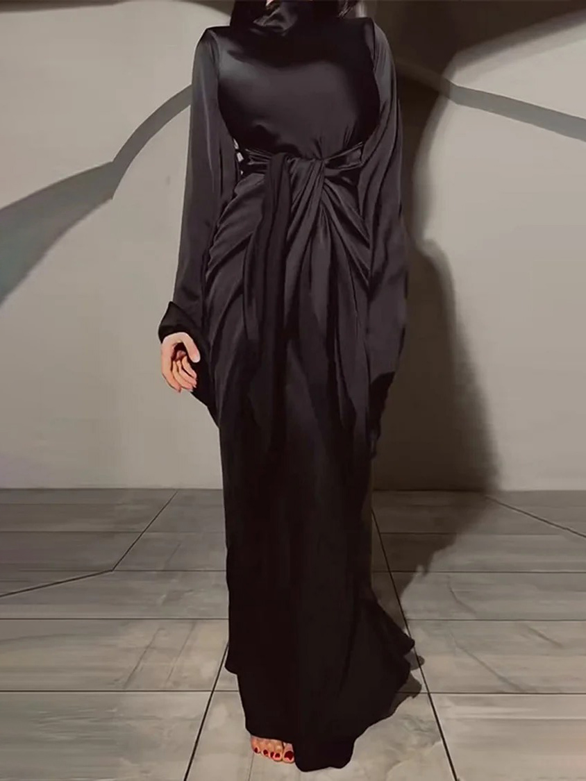 Elegant Satin Draped Long-Sleeve Maxi Dress