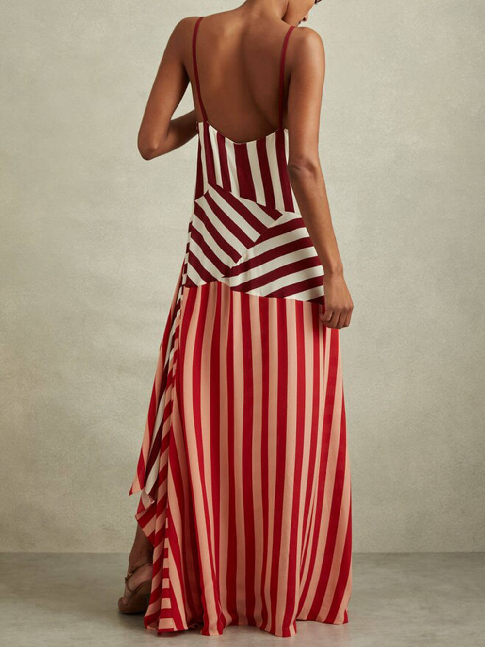 Exquisite Color-Block Striped Asymmetric Maxi Dress