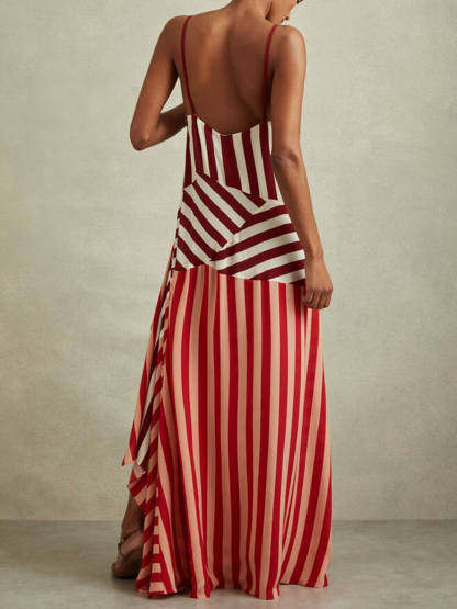 Exquisite Color-Block Striped Asymmetric Maxi Dress