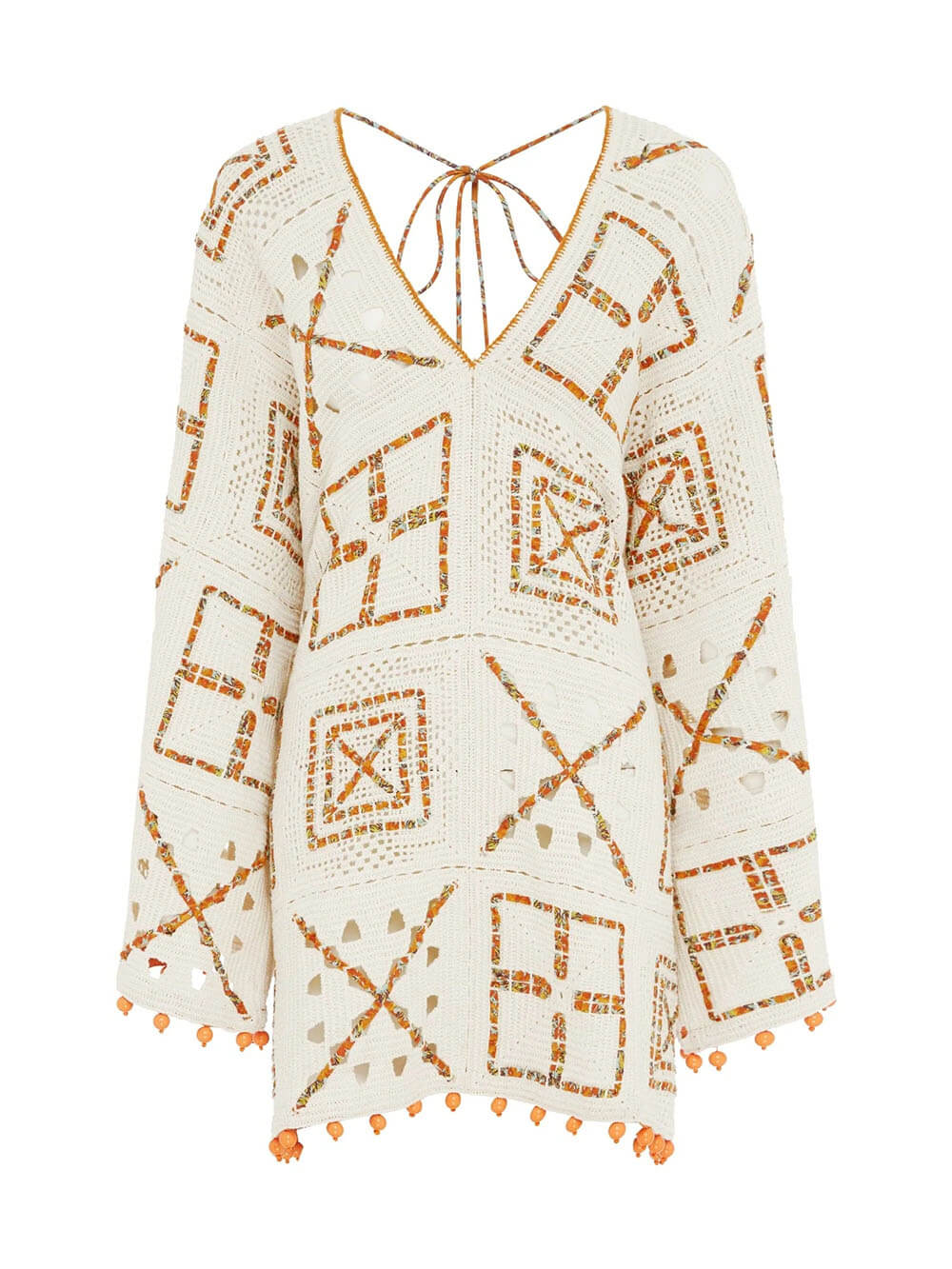 Exquisite Color-Block Print V-Neck Crochet Mini Dress