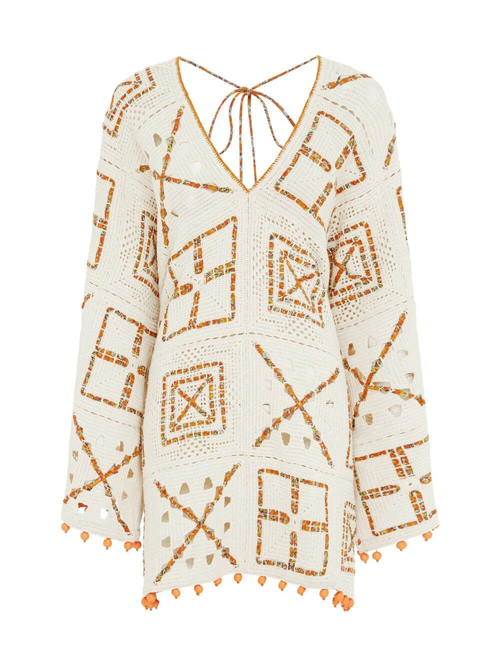 Exquisite Color-Block Print V-Neck Crochet Mini Dress