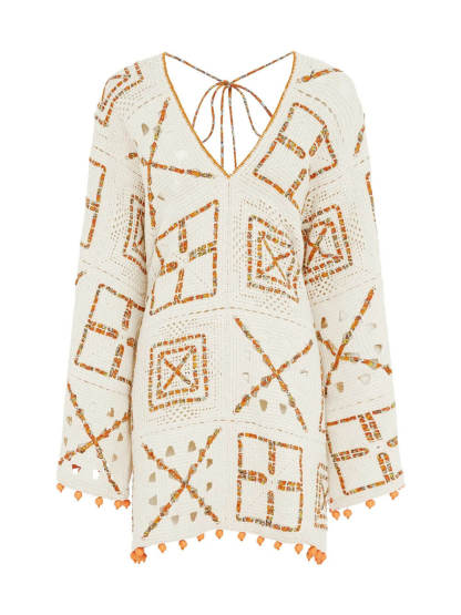 Exquisite Color-Block Print V-Neck Crochet Mini Dress