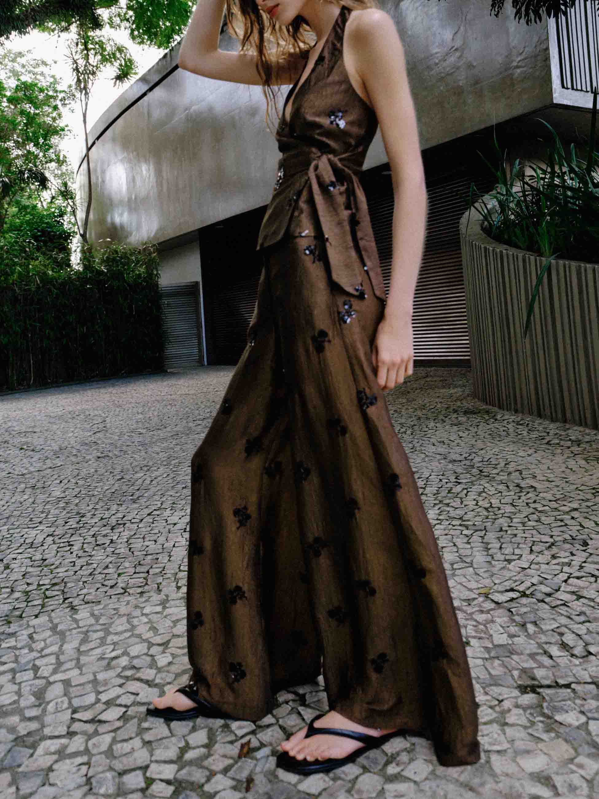 Elegant Satin Sequin Top & High-Waist Wide-Leg Pants Two-Piece Set