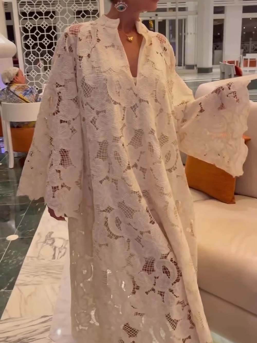 Casual White Long Sleeve Lace V-Neck Dress