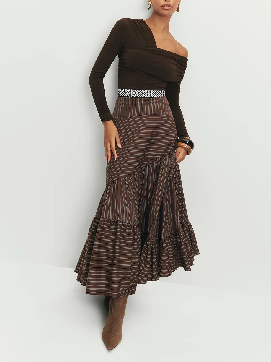 Retro Irregular Cut Striped High Waist Midi Skirt