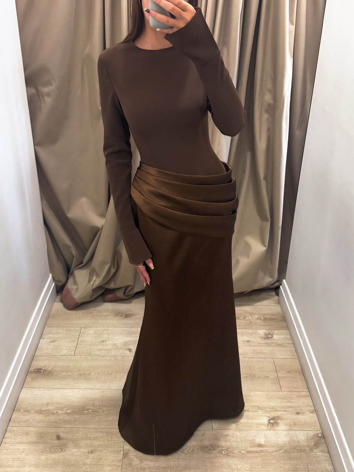 Elegant Long-Sleeved Draped Satin Maxi Dress