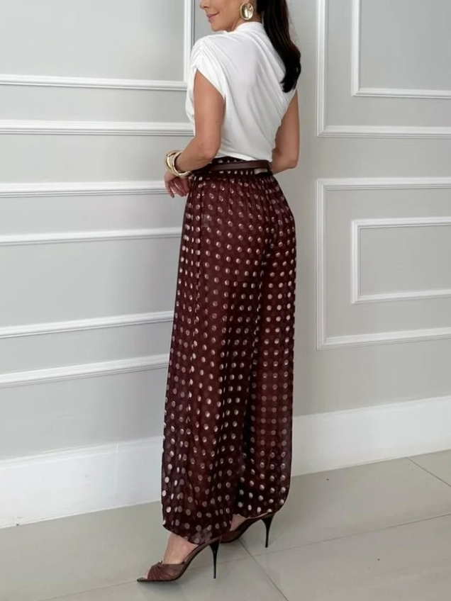 Casual Knit Vest & Polka Dot Chiffon Harem Pants Two-Piece Set