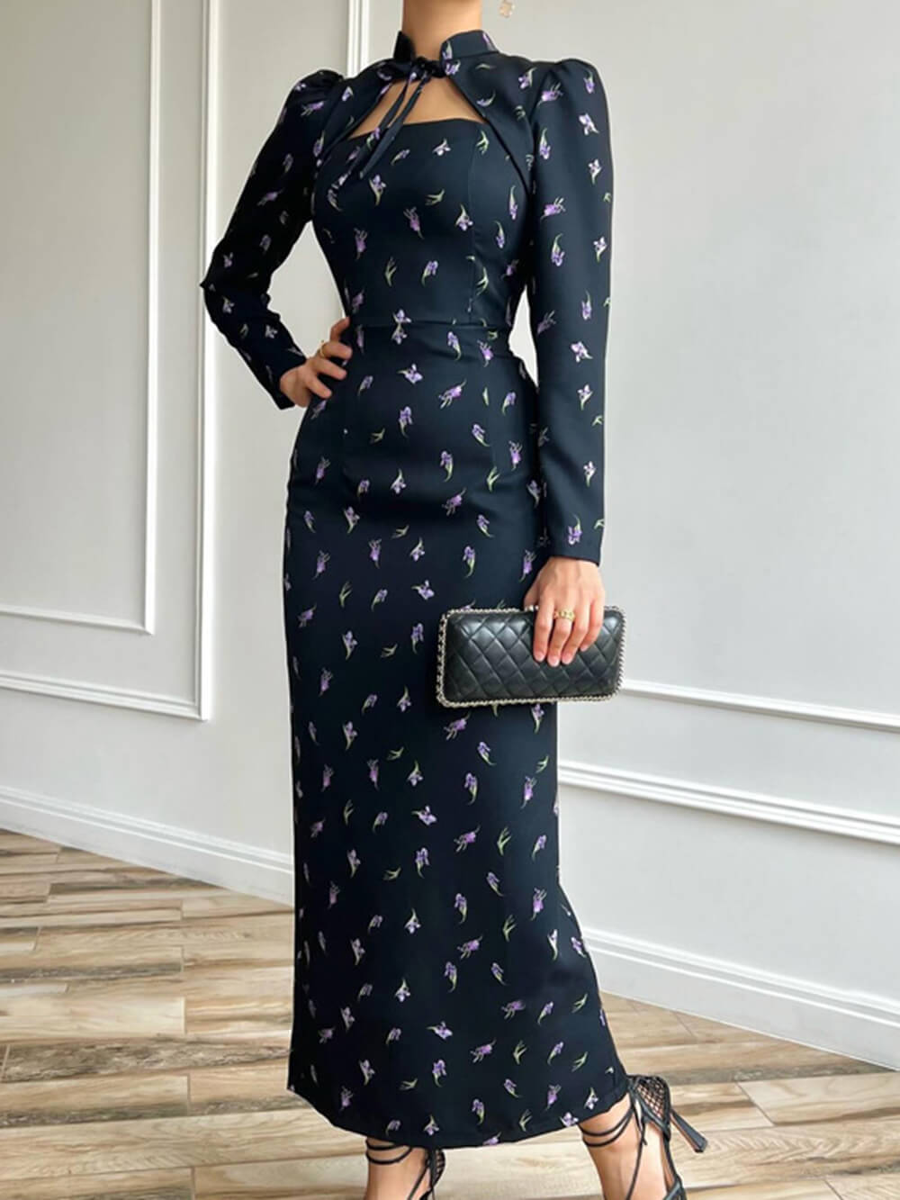 Elegant Printed High Neck Tie-Waist Slit Maxi Dress