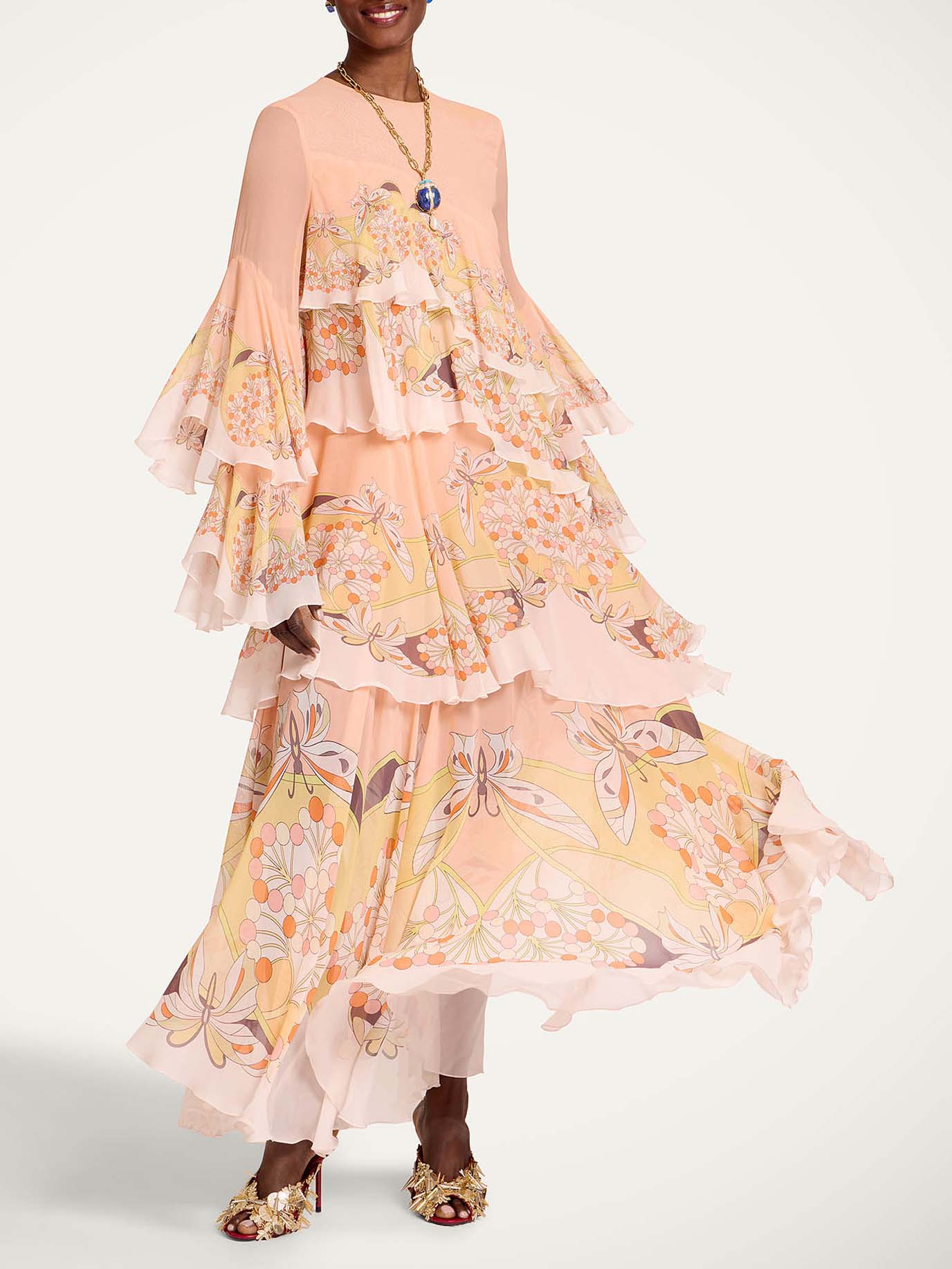 Exquisite Butterfly Print Ruffle Layered Chiffon Maxi Dress